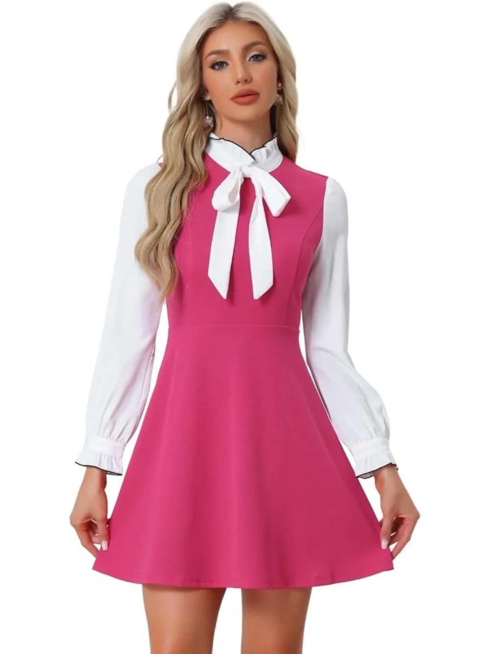 Vintage 1960s Long Sleeve Tie Neck Dress | Contrast Color, Retro Style, Women's